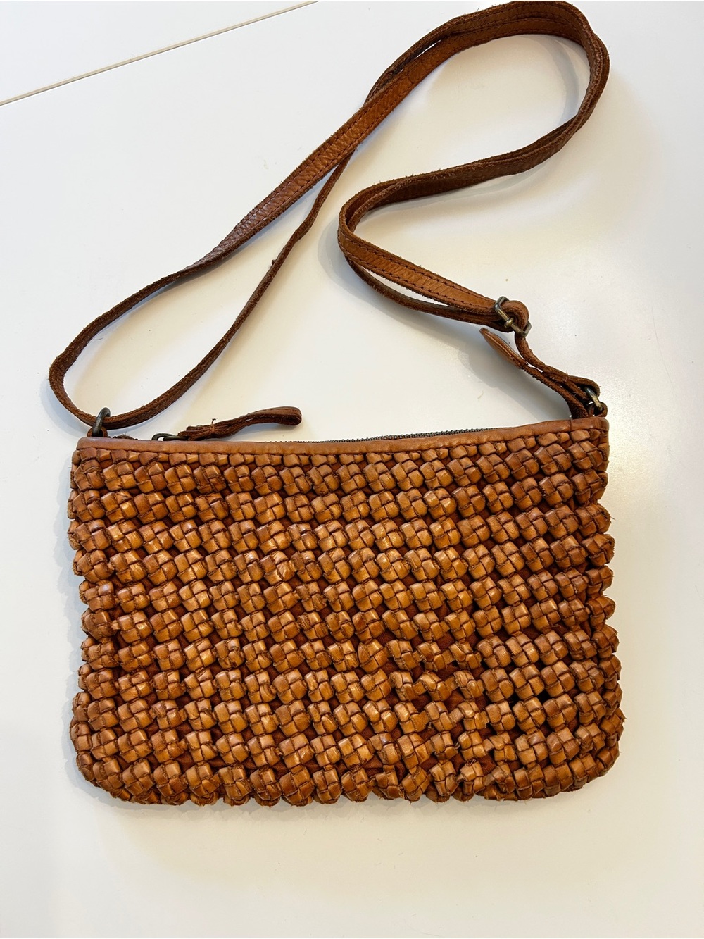 Genuine Leather Woven Cross Body Bag Brown Boho Textured Autumn Travel Staple